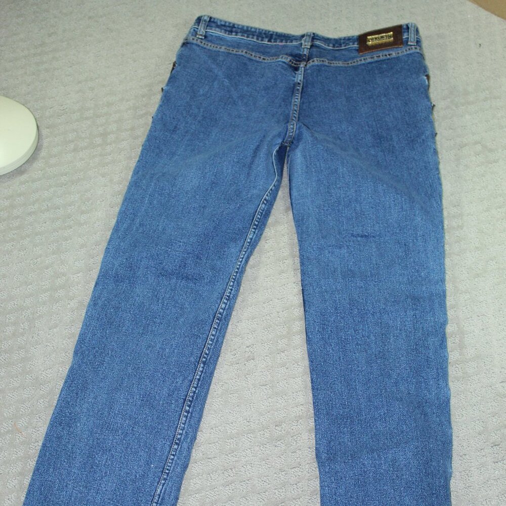 Lawman World-class Denim Jeans 15/16 100% Cotton Leather Zig Zag Trim Blue Jeans - Picture 2 of 7